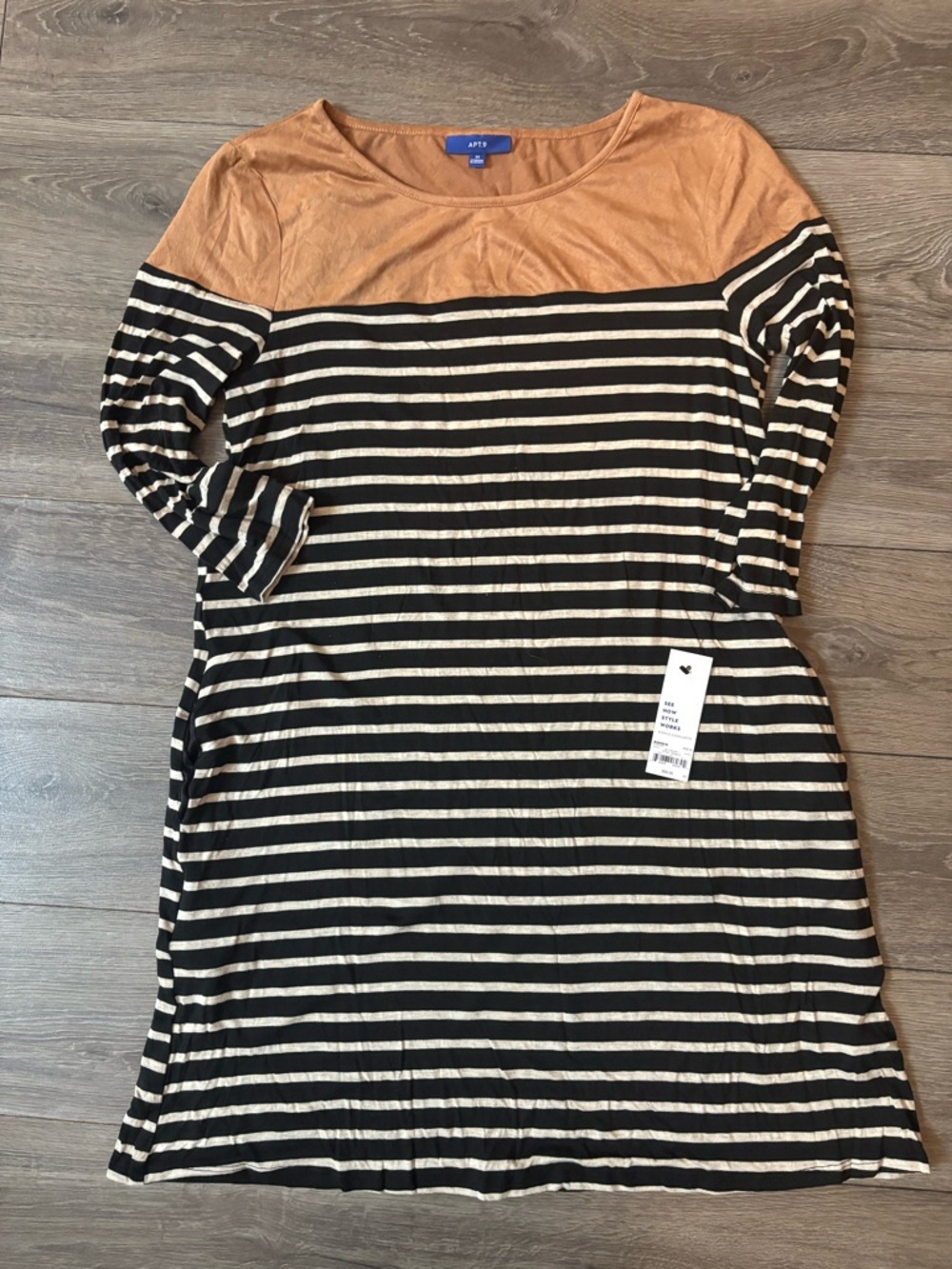 Apt. 9 Black and Cream Striped Dress with Tan Yoke